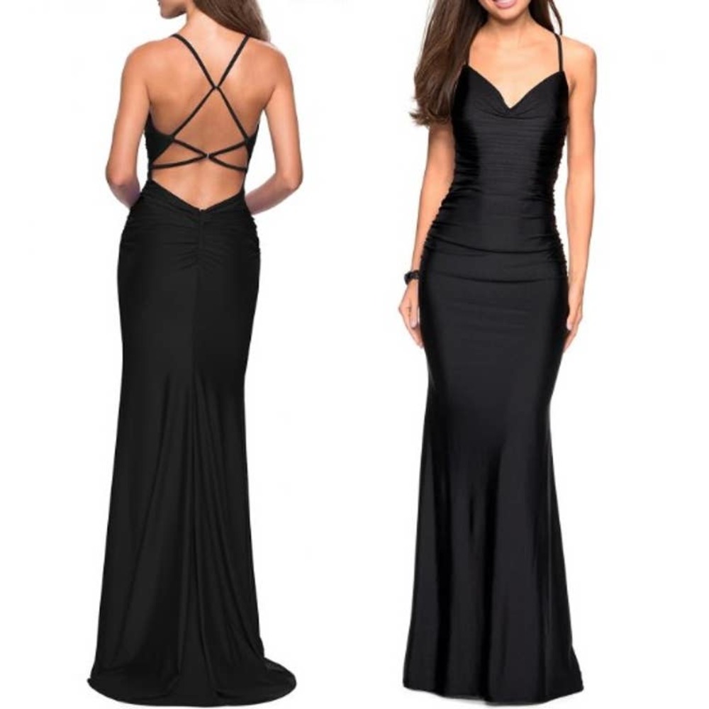 La Femme Strappy Backless Sweetheart Maxi Gown Prom Dress Black Women's 10 NWT